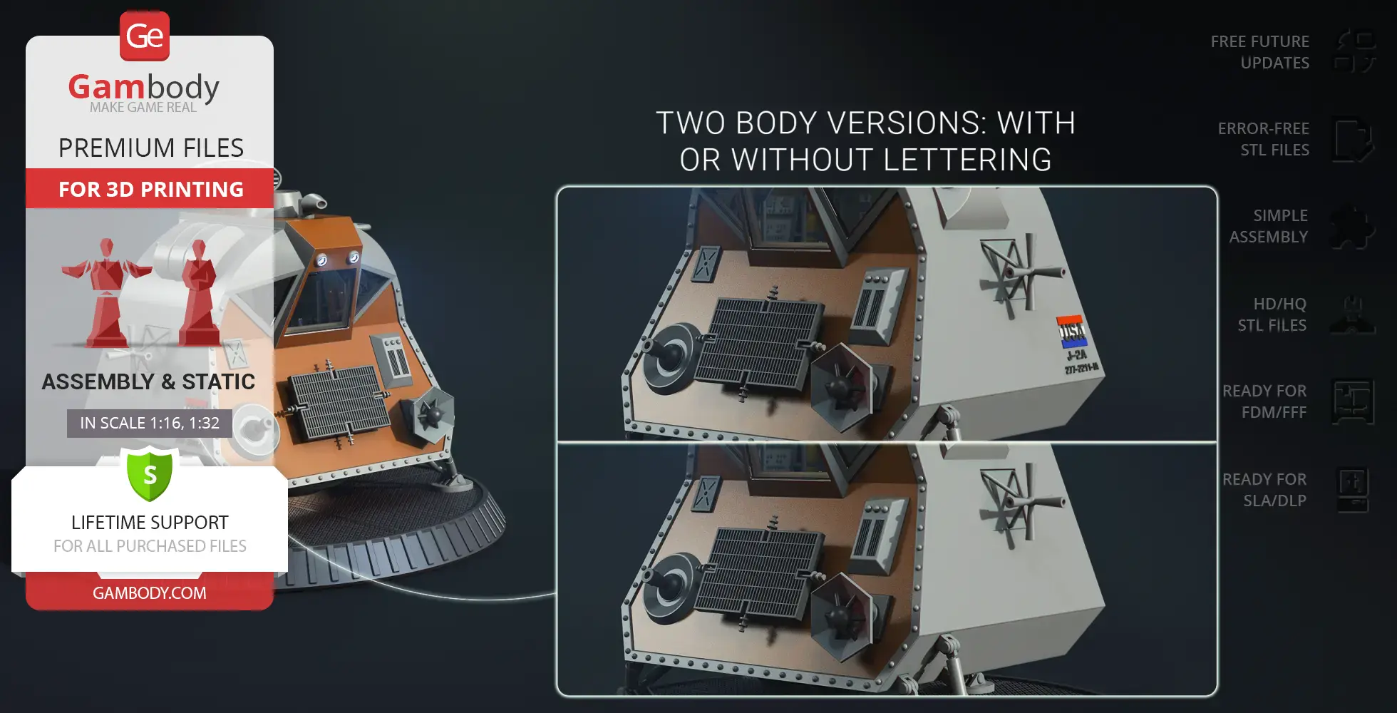 3D model of a space pod featuring detailed exterior panels, available with or without lettering.