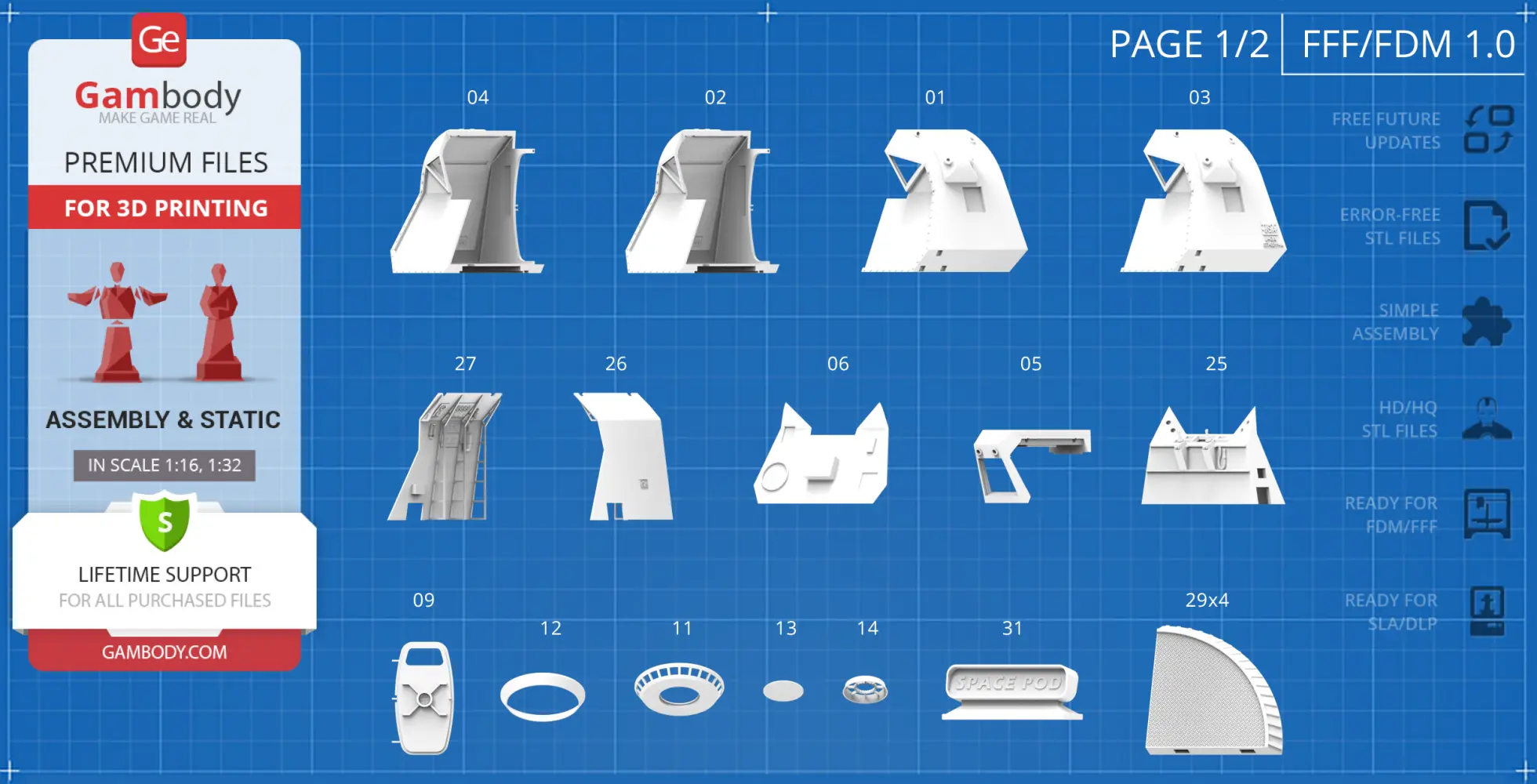 Various white 3D model parts for assembling a Space Pod, displayed on a grid background.