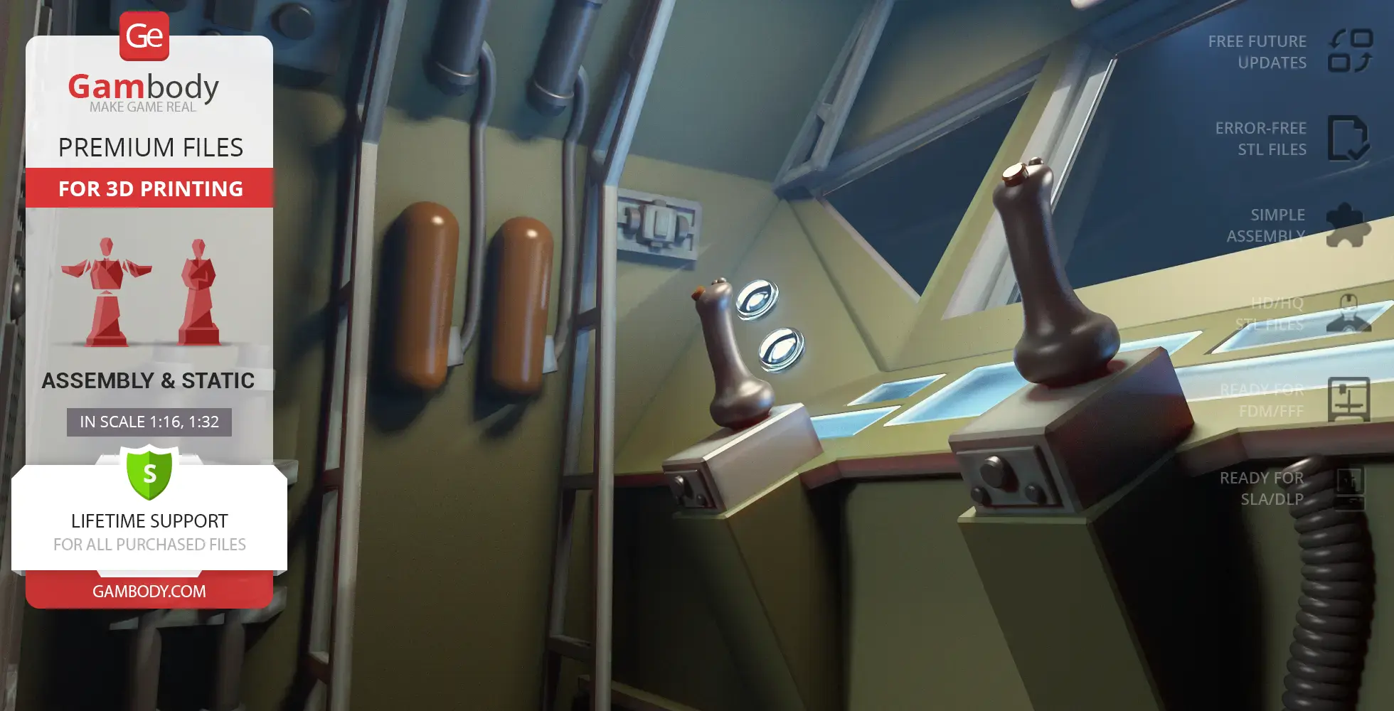 Interior of a space pod with control levers and windows, depicted in a 3D model for printing.
