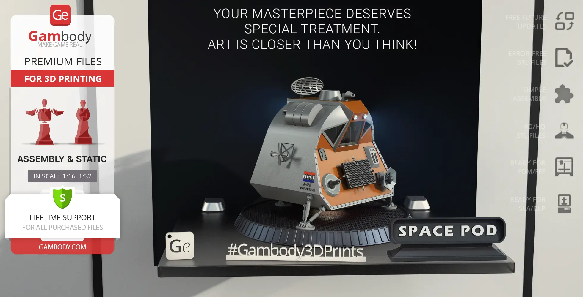 A detailed 3D model of a space pod on a display stand, suitable for 3D printing.