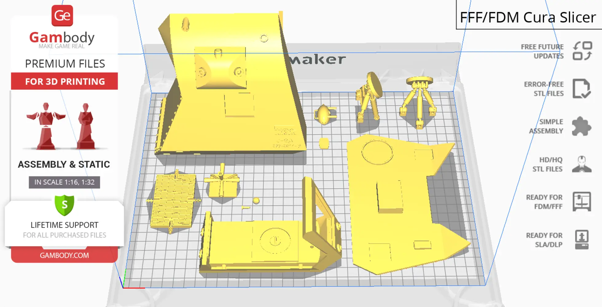 3D printed parts for a space pod model, displayed on a Cura slicer grid.