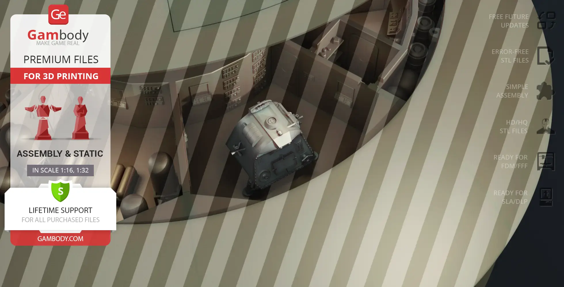 Space pod interior with control panels, viewed through a striped opening, for 3D printing.