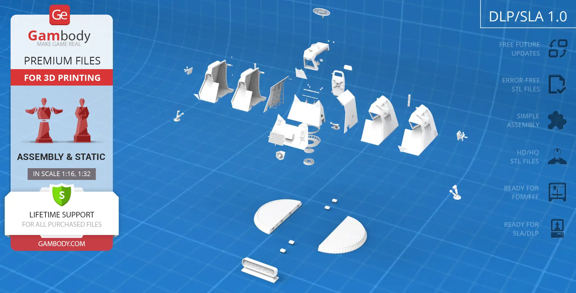 Exploded view of Space Pod 3D model parts on a blue grid background from Gambody.