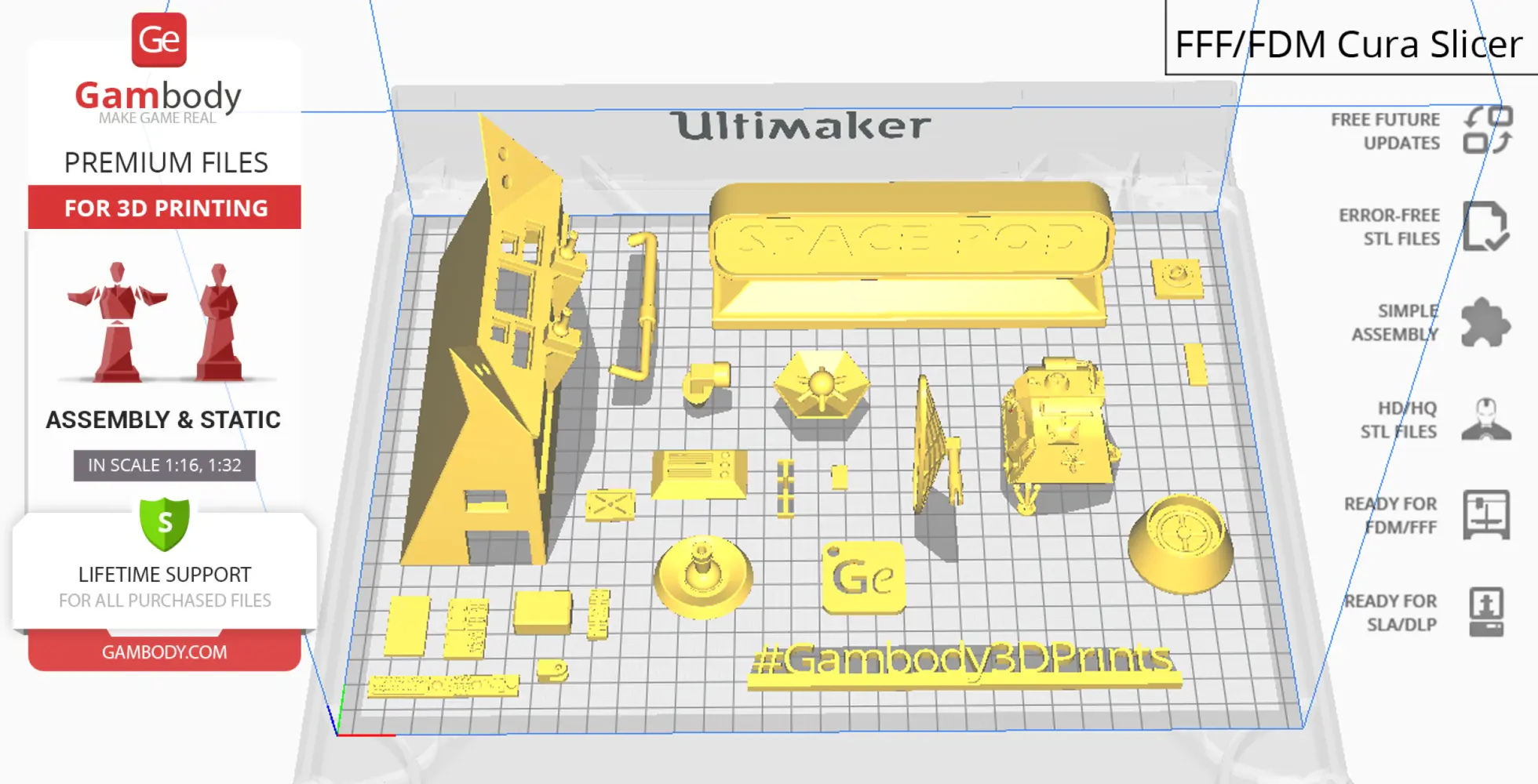 3D printing layout of a 'Space Pod' model with various components on a grid platform.