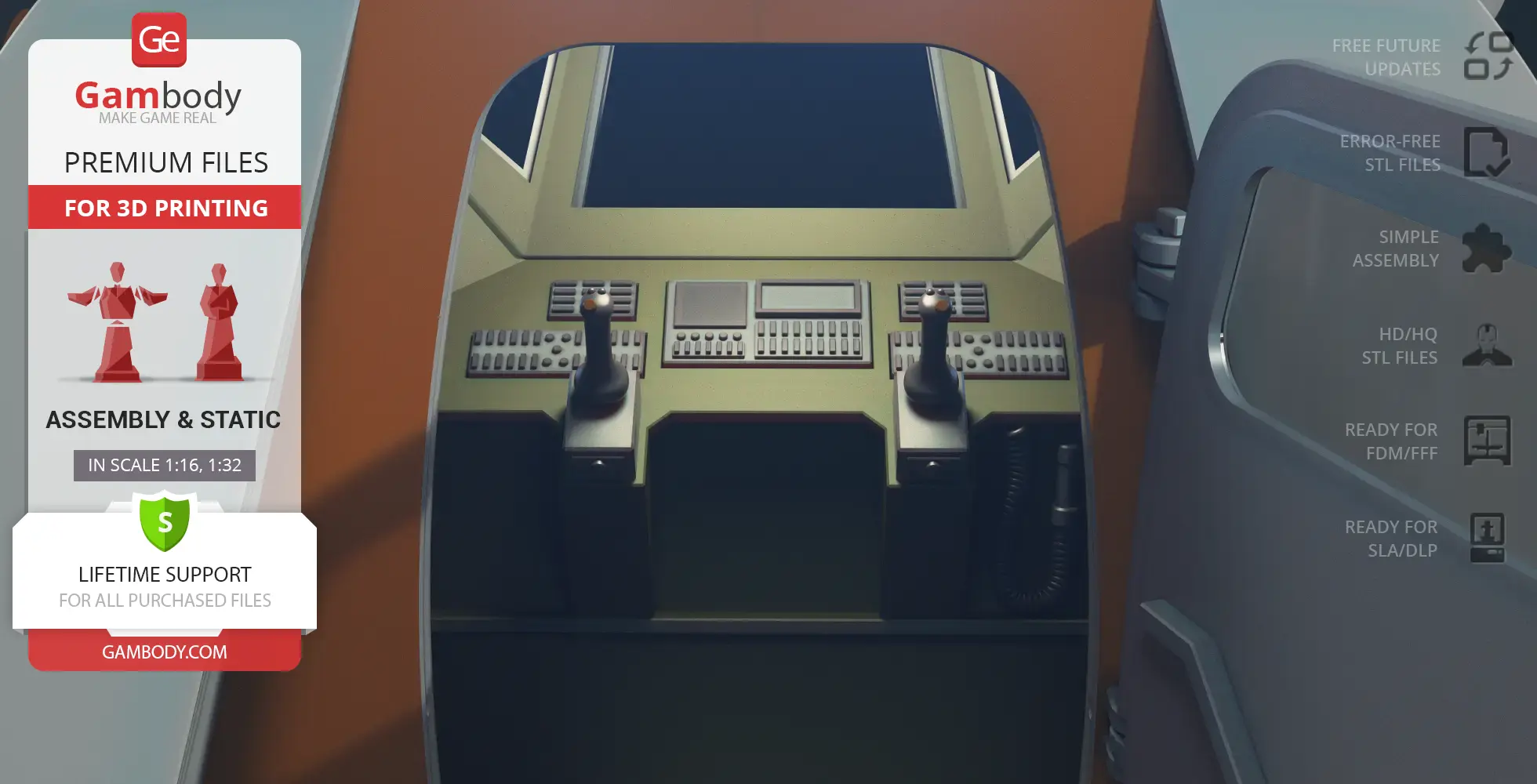 Control panel of a space pod with dual joysticks and numerous buttons, inside a cockpit.