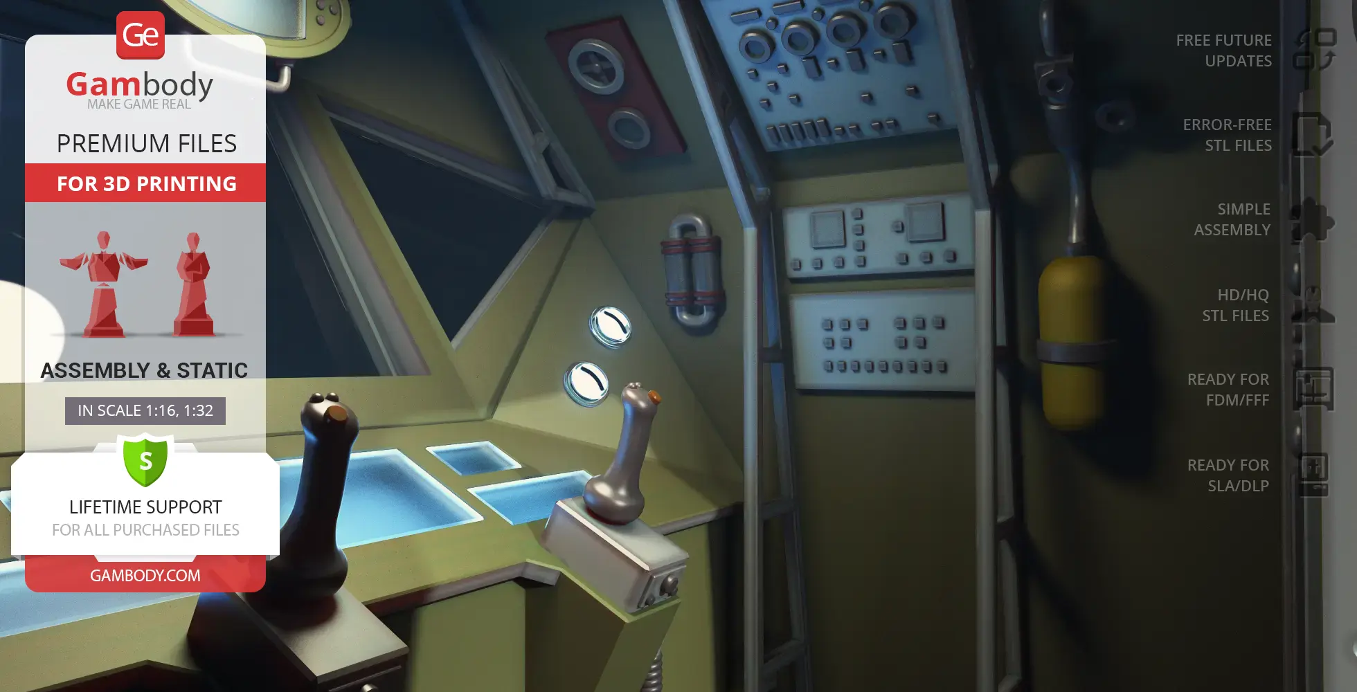 Inside view of a futuristic space pod cockpit with controls and panels.