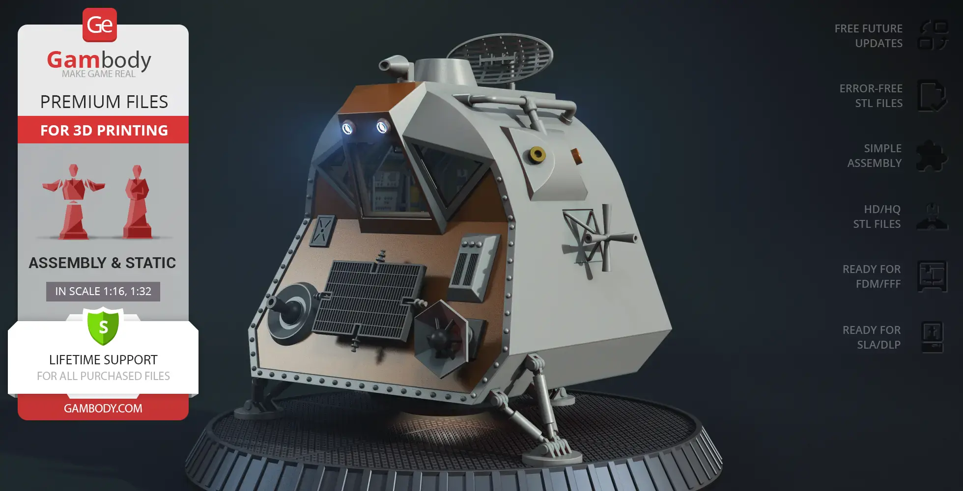 Futuristic space pod model with antennas and landing gear on a display platform, by Gambody.