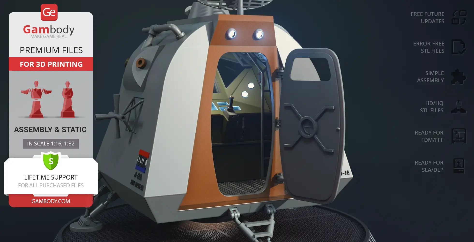 A detailed 3D model of a space pod with an open hatch, designed for 3D printing.