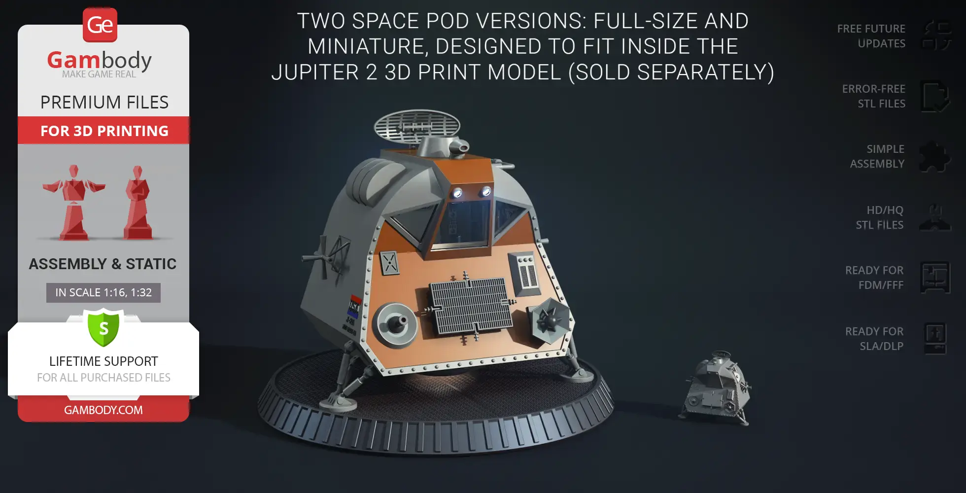 Space pod model with detailed features, available in full-size and miniature for 3D printing.