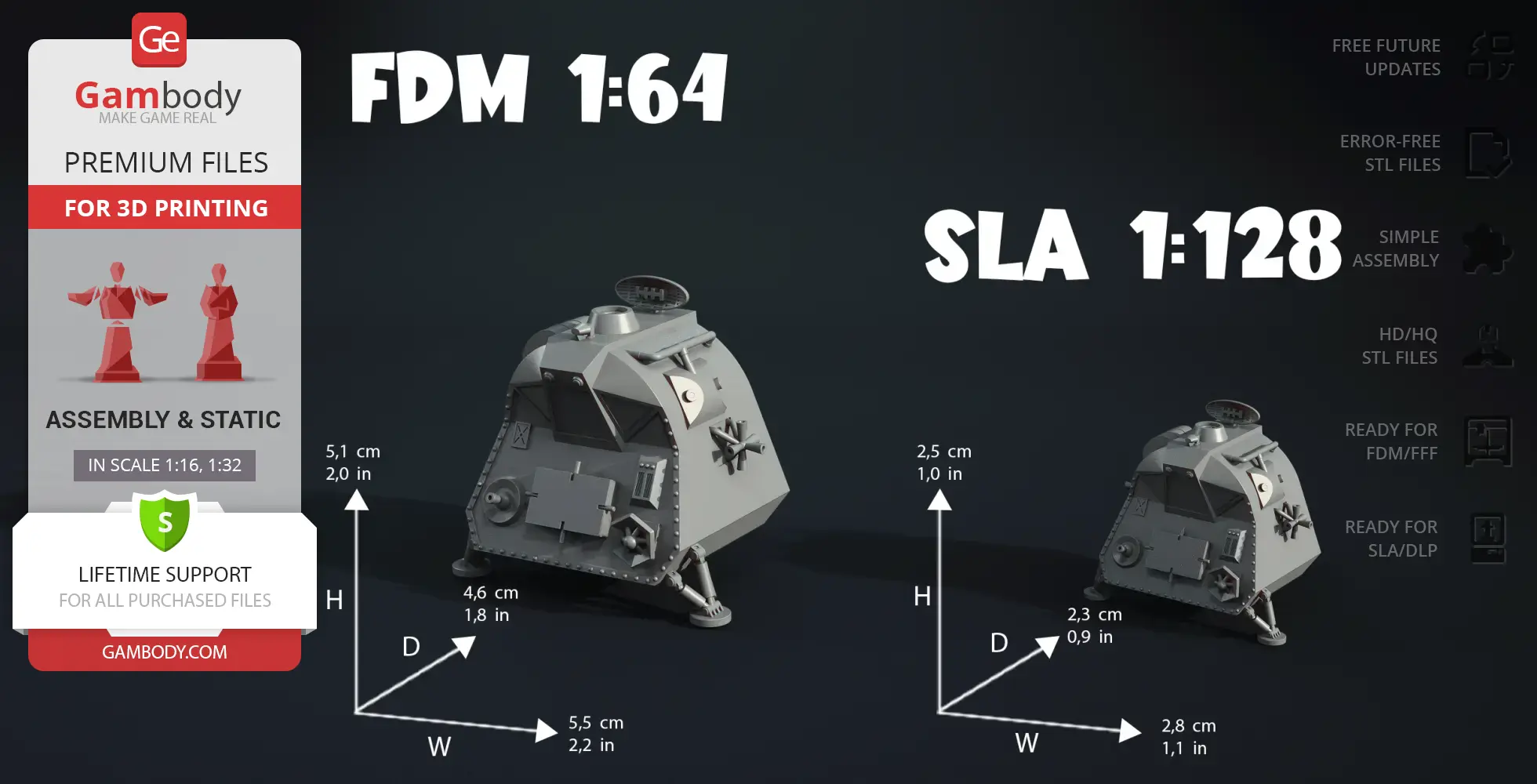 Two detailed space pod 3D models in different scales, 1:64 and 1:128, for printing.