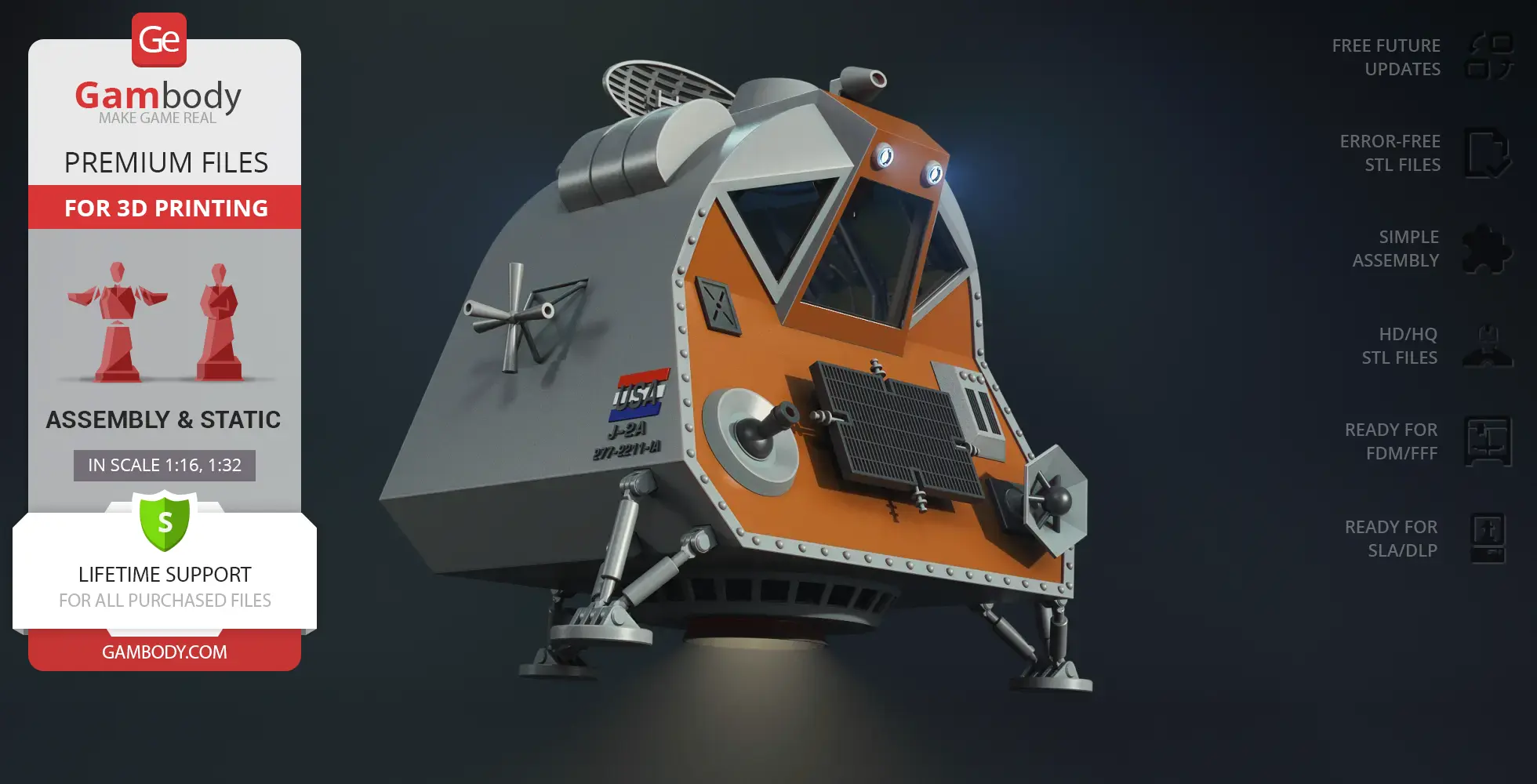 Futuristic space pod model with USA insignia, designed for 3D printing.