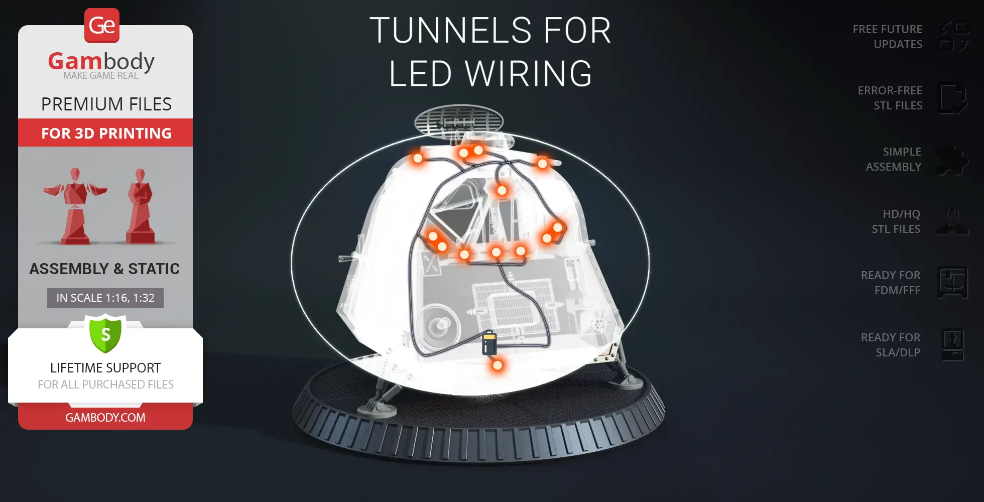 3D model of a space pod with LED wiring indicators, designed for 3D printing by Gambody.