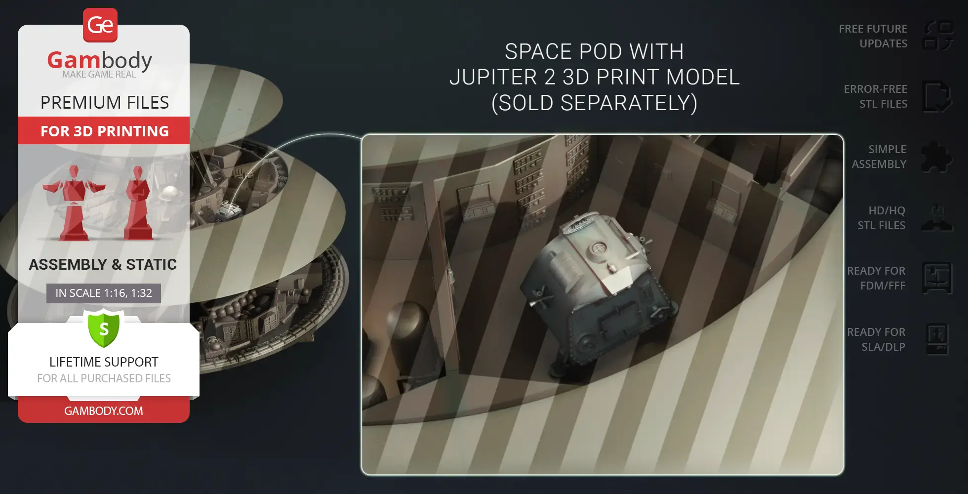 3D model of a detailed space pod, designed for printing, shown within an assembly context.
