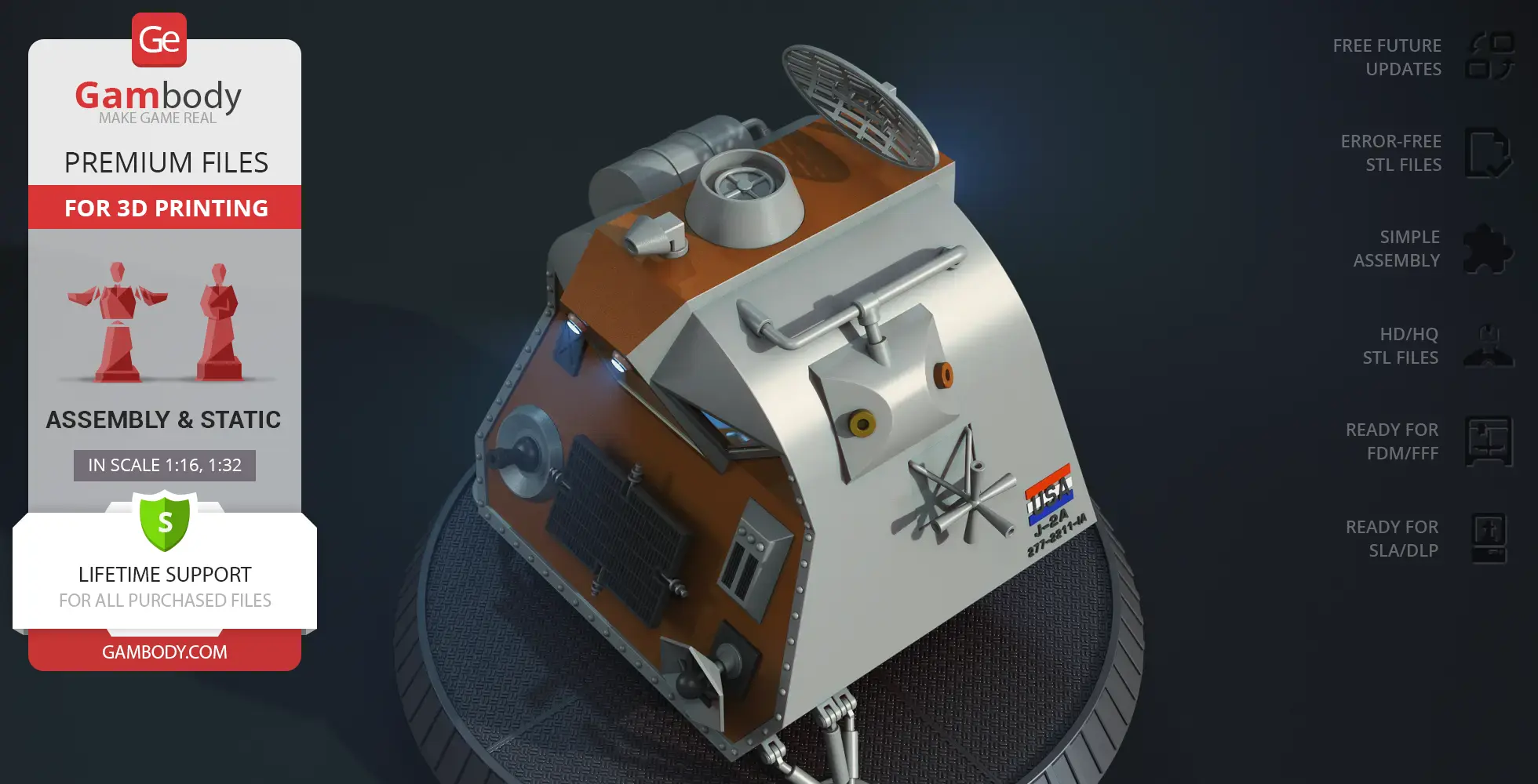 Futuristic space pod model with detailed panels and antennas on a circular platform.