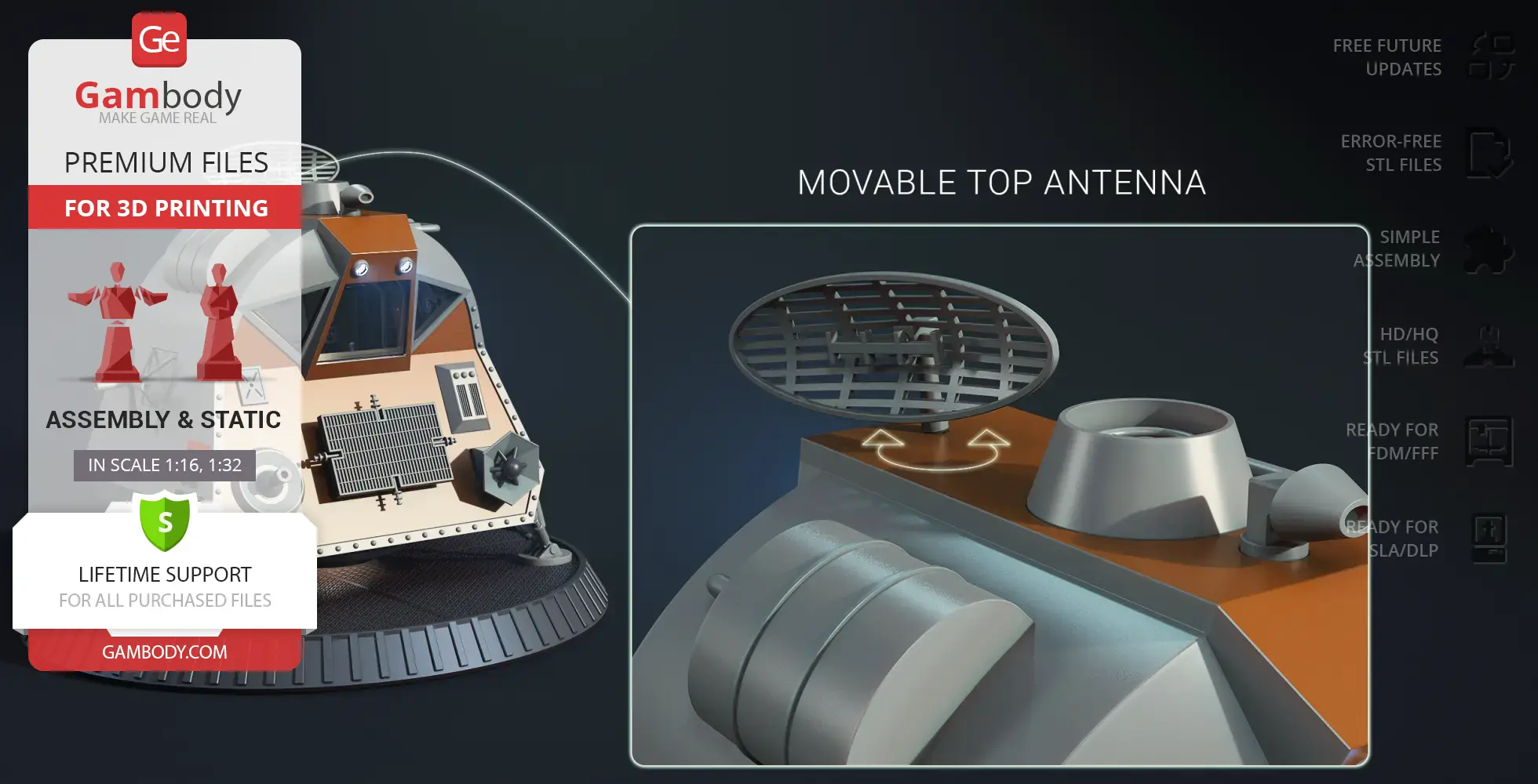 3D printable space pod model with a movable top antenna showcased by Gambody.