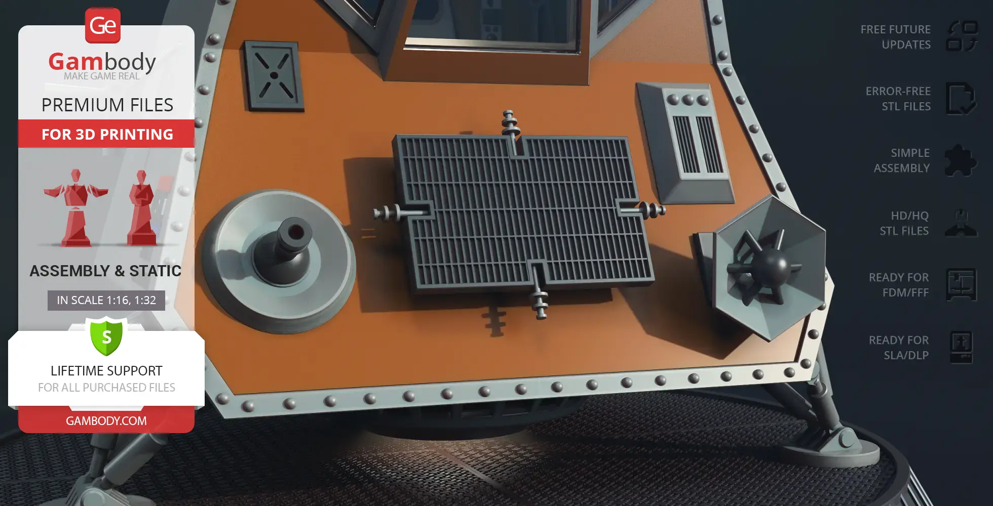 Orange and gray spaceship model for 3D printing, featuring a panel, vents, and detailed surface.