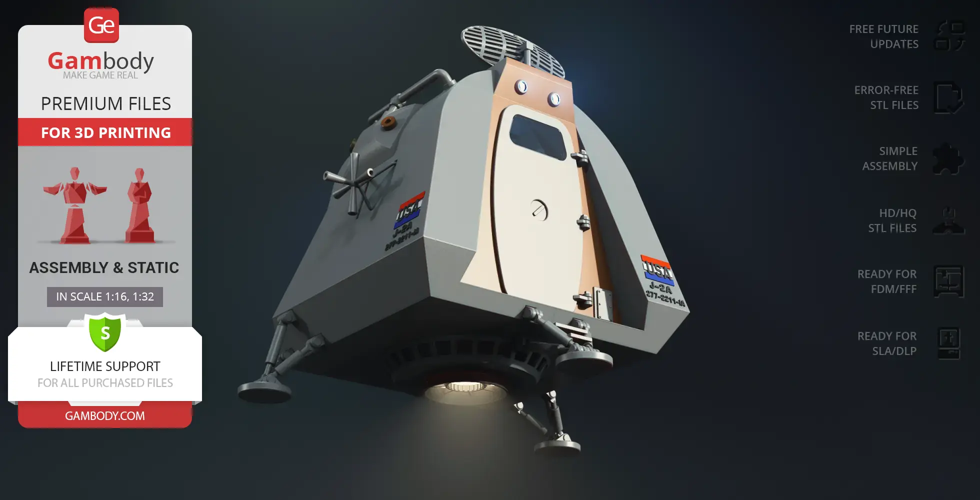 3D model of a space pod with landing gear and antenna, designed for 3D printing by Gambody.