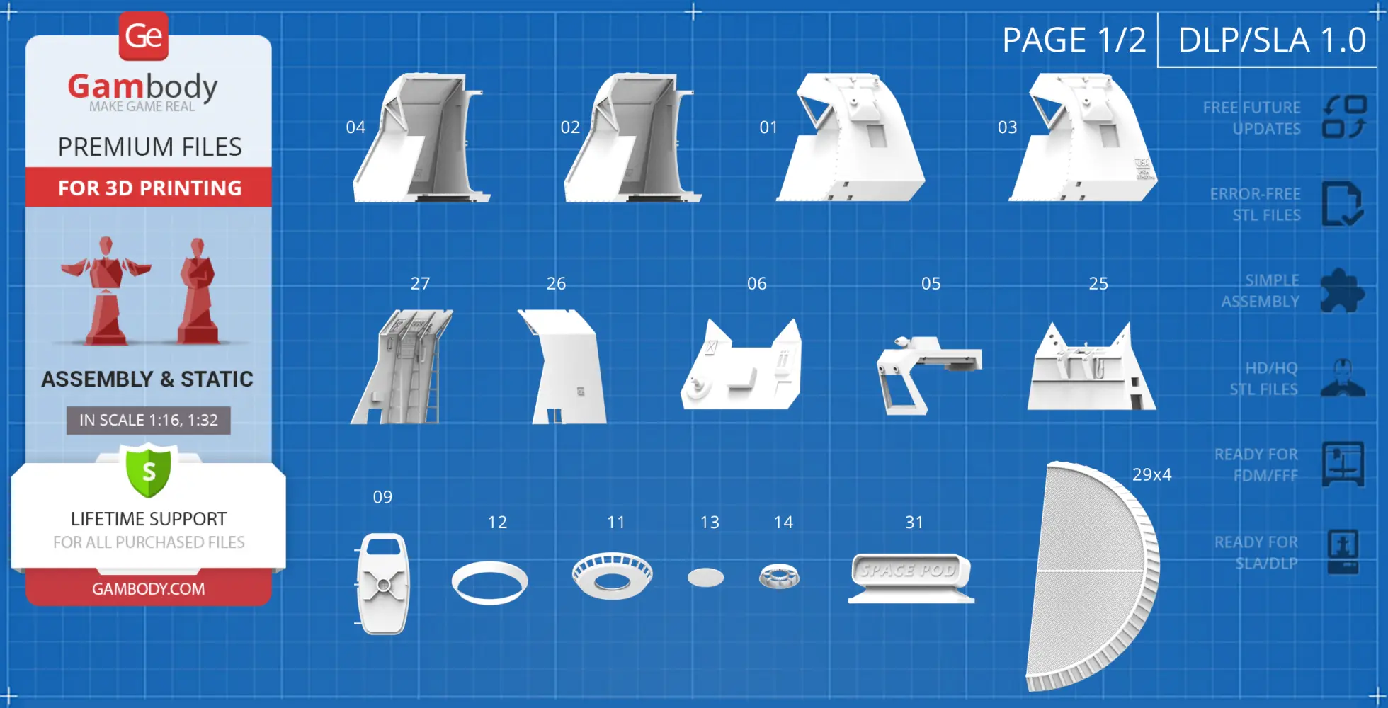 3D printable Space Pod model parts, labeled on a blueprint-styled background.
