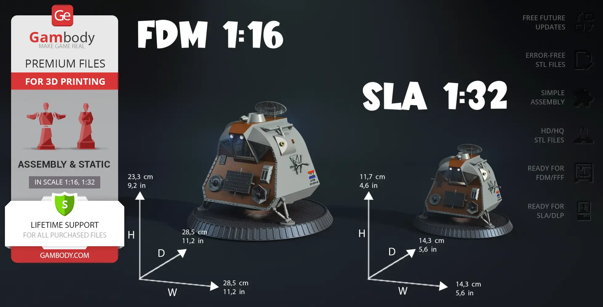 Two detailed space pod models for 3D printing, shown in 1:16 and 1:32 scale.
