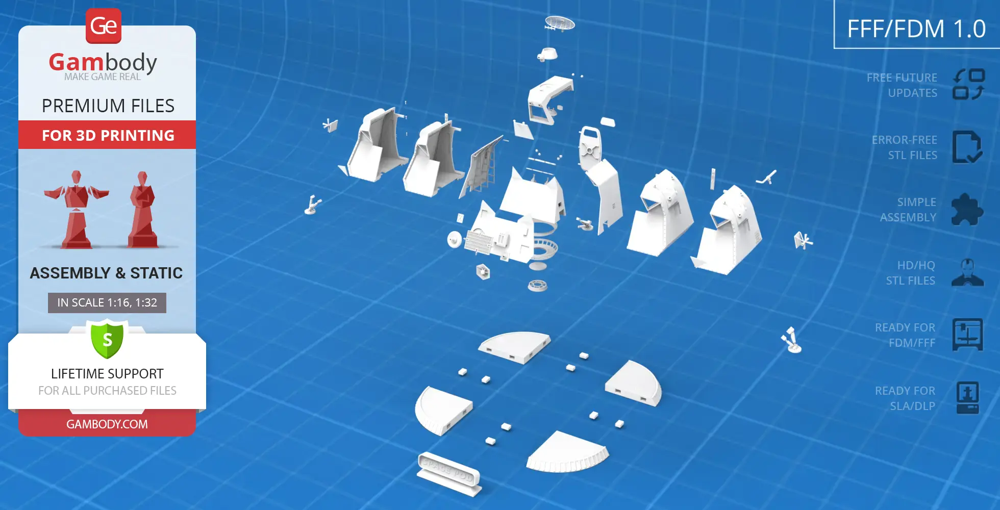 Exploded view of a 3D Space Pod model for printing, showing all individual parts on a blue grid background.