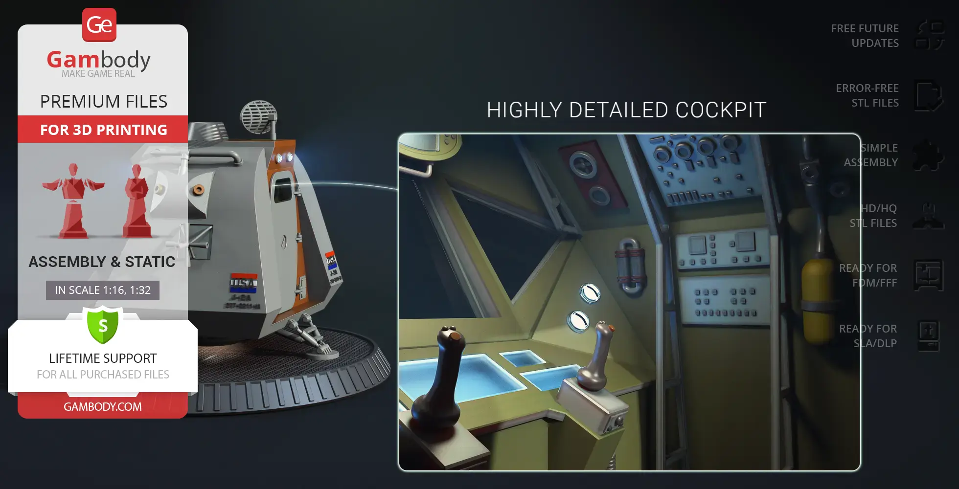 Highly detailed 3D model of a space pod cockpit with control panels, joysticks, and exterior view.