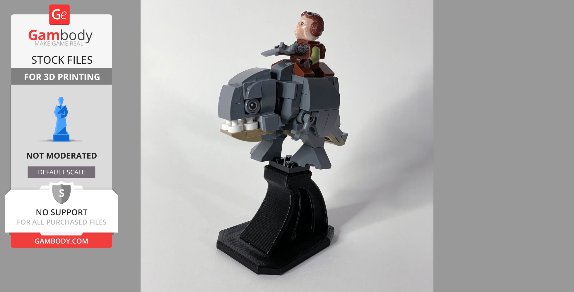 A LEGO-style figure rides a gray, blocky creature on a pedestal display stand.