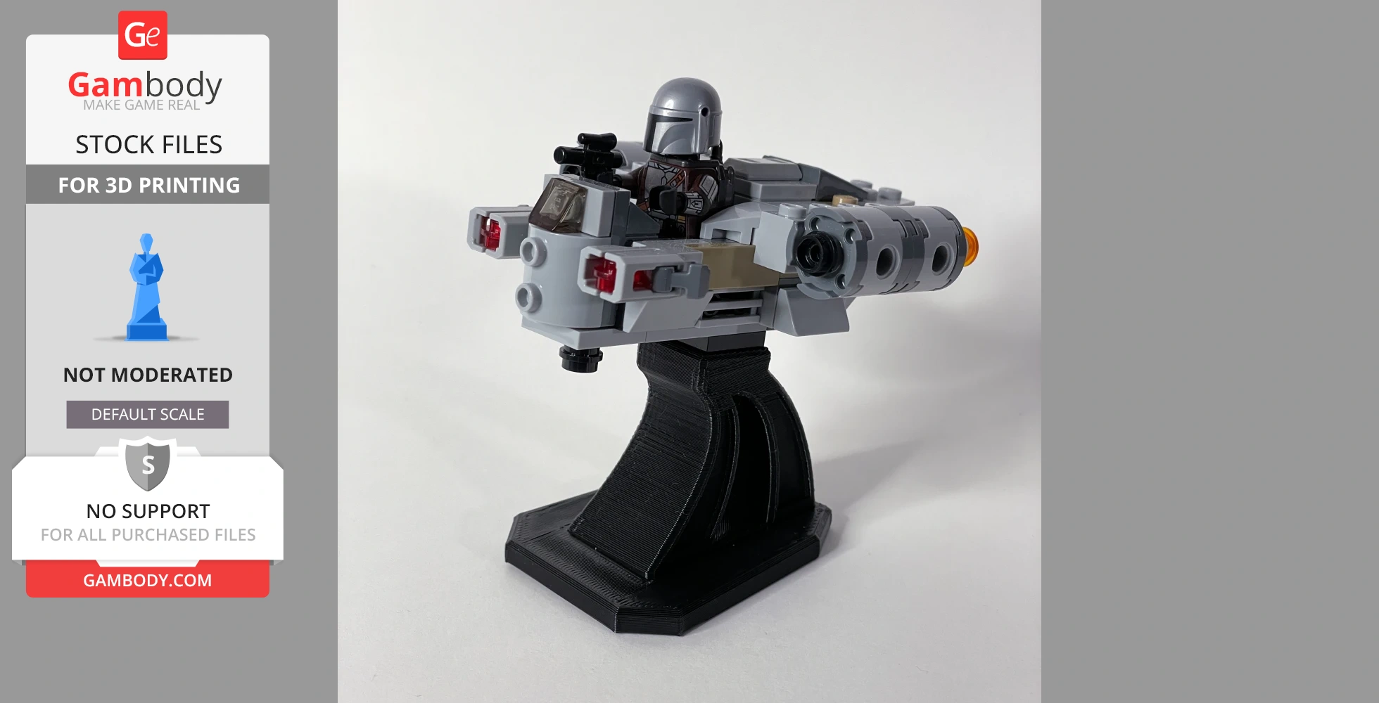 LEGO-style spacecraft model on a black stand, featuring a helmeted figure in the cockpit.