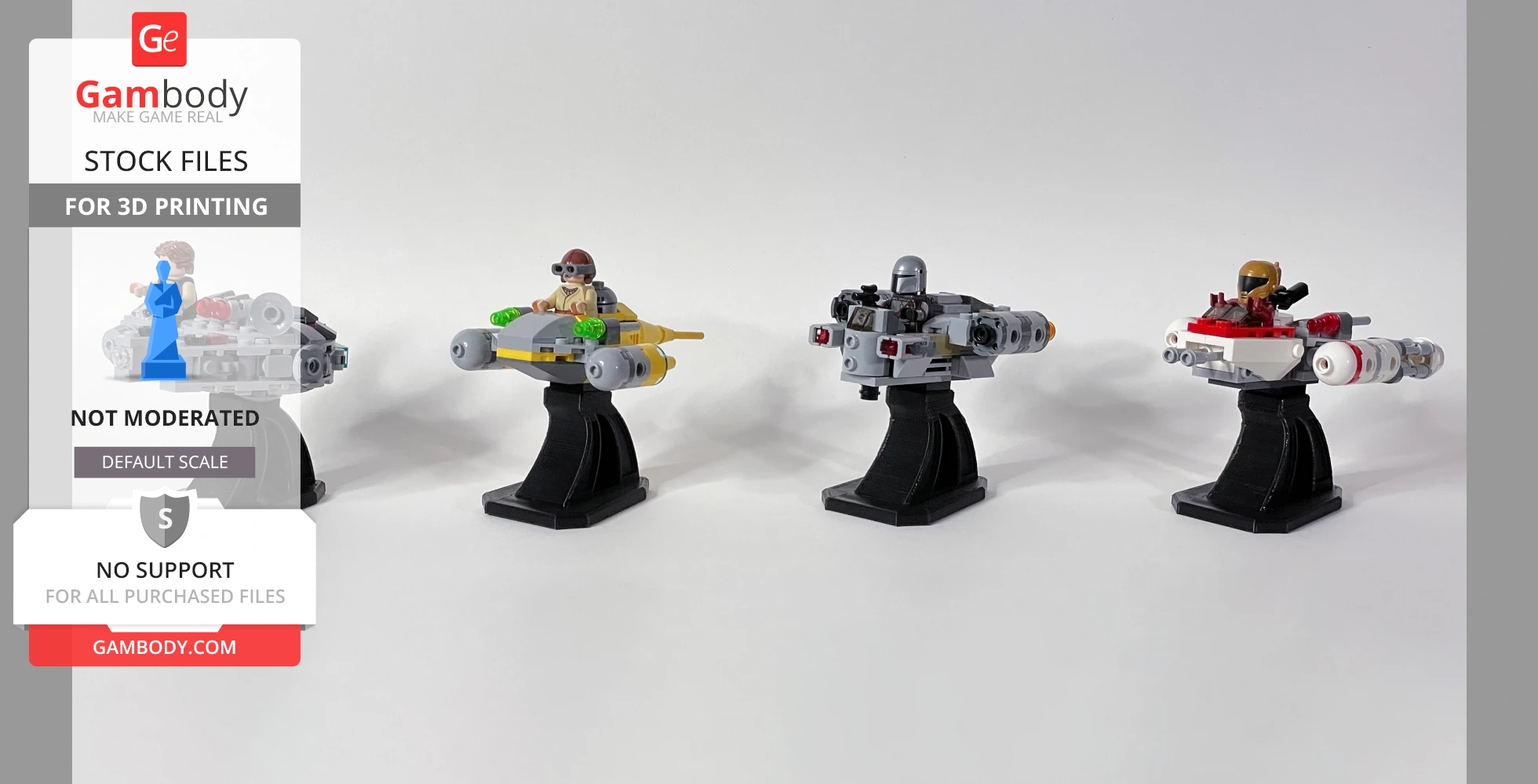 Four LEGO vehicle models on black display stands, featuring various characters.