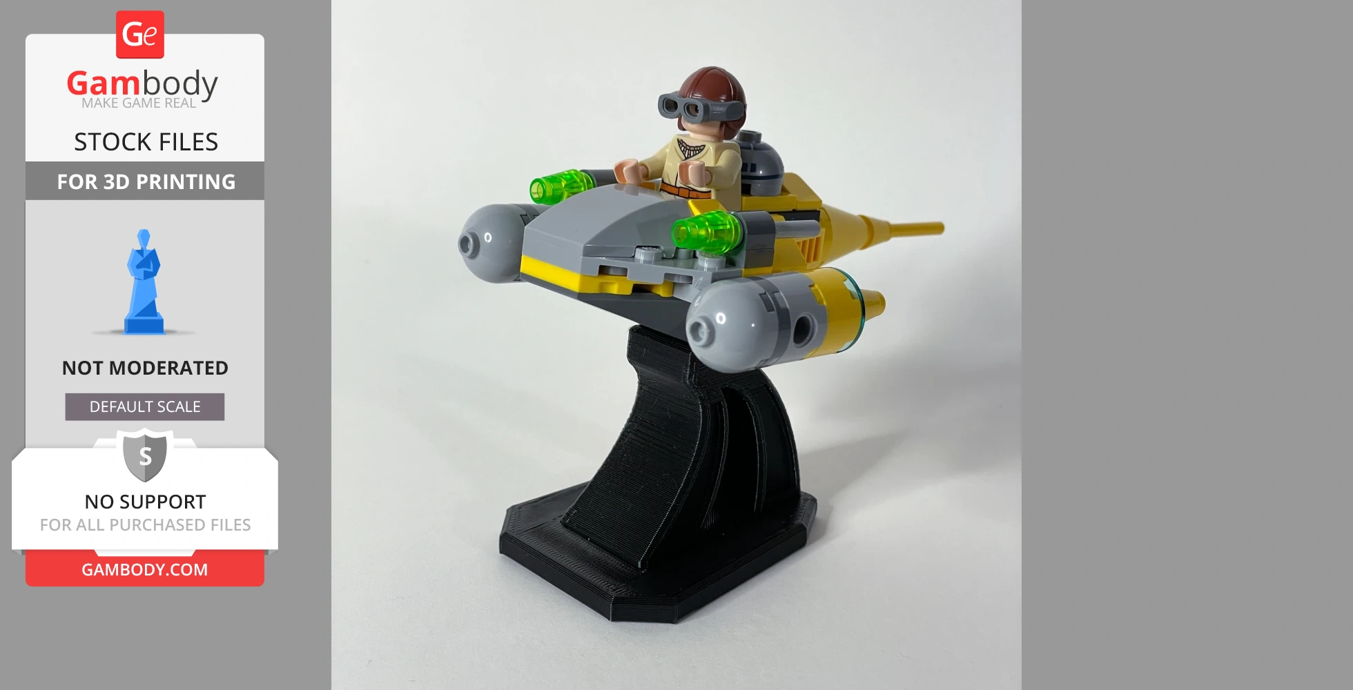 LEGO-style figure in a futuristic vehicle on a black display stand.