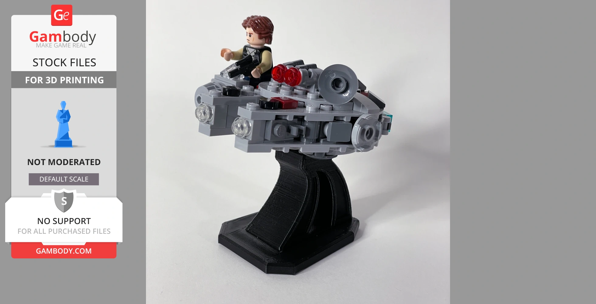 A LEGO spaceship on a black display stand with a mini figure on top.