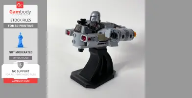 LEGO spaceship model with pilot on a black display stand designed for 3D printing.