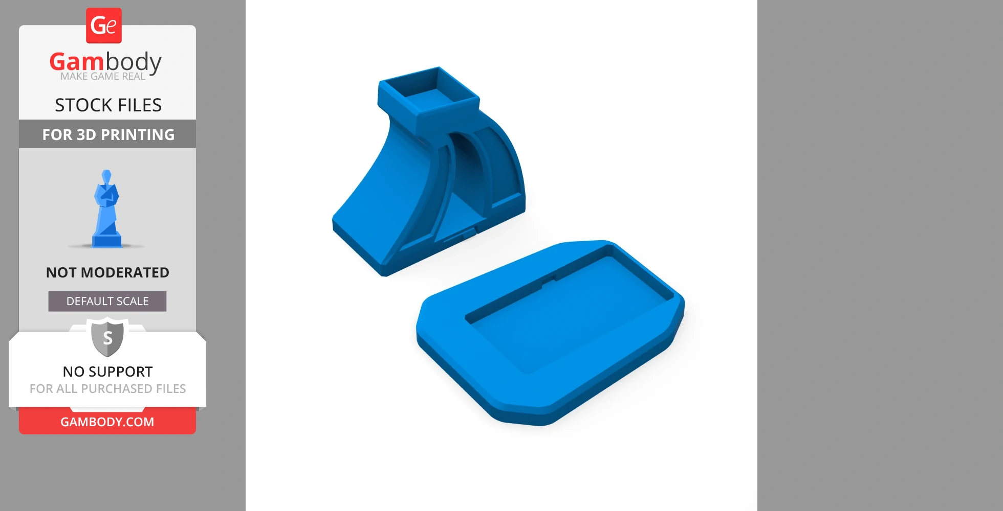 Blue LEGO display brick stand with a curved base and a rectangular platform for 3D printing.