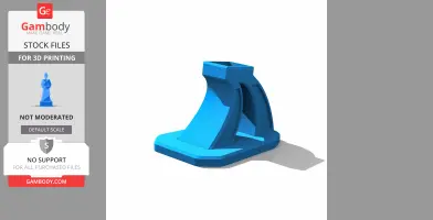 A blue 3D-printed display stand for LEGO pieces with a curved support structure.