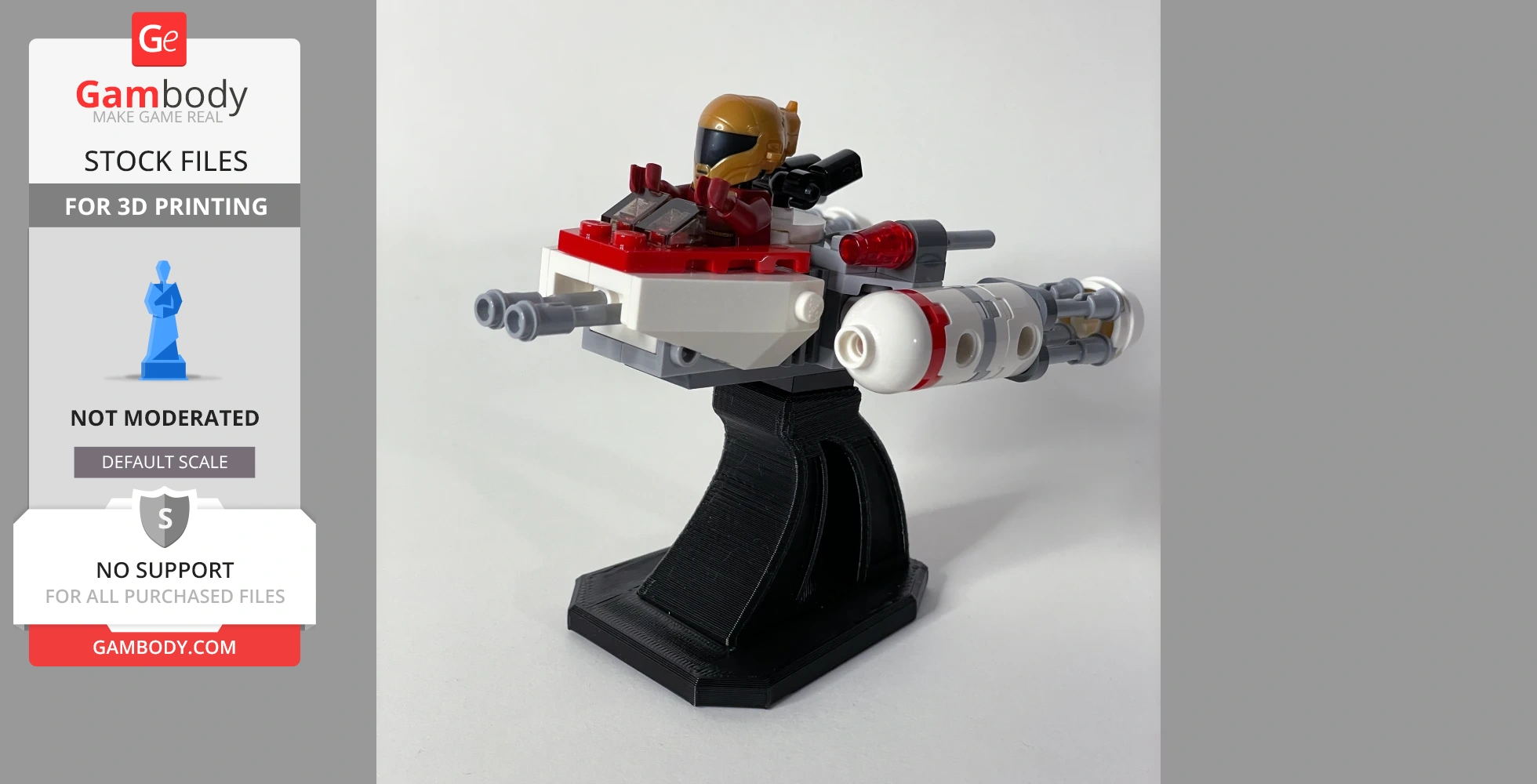 LEGO spaceship model on a black stand, featuring a winged build and minifigure pilot in gold helmet.