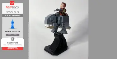 A LEGO figure riding a gray creature, mounted on a display stand for 3D printing.