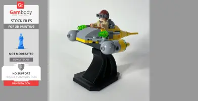 LEGO-style figure in a futuristic vehicle on a black display stand.