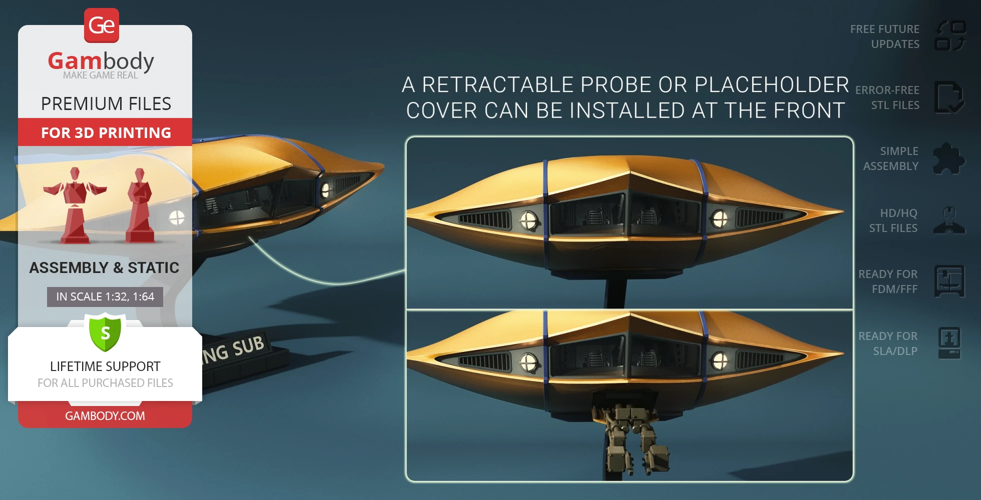 Yellow futuristic flying sub with retractable probe, showcasing front and side views for 3D printing.
