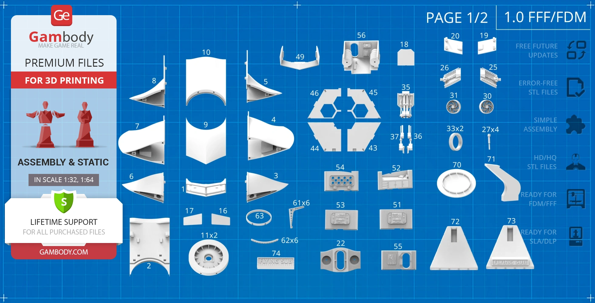 Various labeled 3D printable parts for assembling a 'Flying Sub' model on a blue grid background.