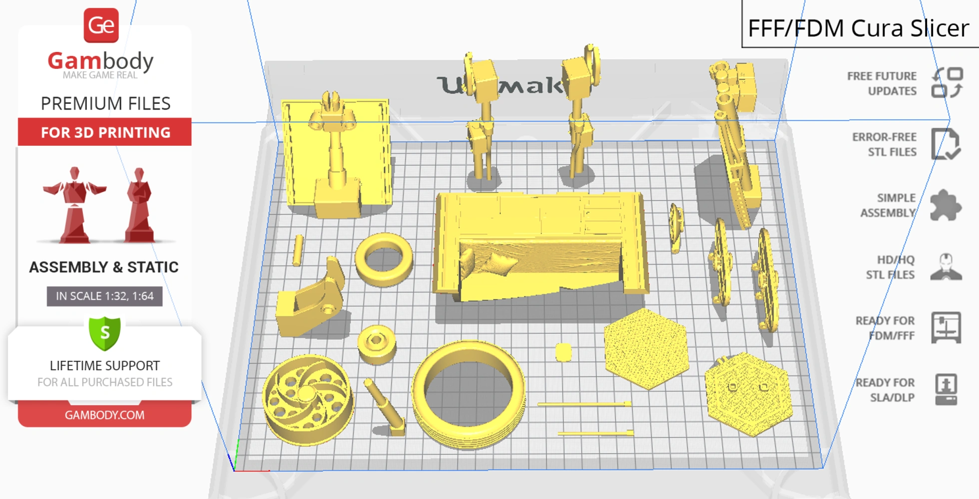A collection of yellow 3D printed parts arranged for assembly on a grid surface.