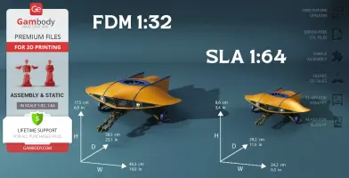 A futuristic yellow flying submarine model for 3D printing, shown in two scales: FDM 1:32 and SLA 1:64.
