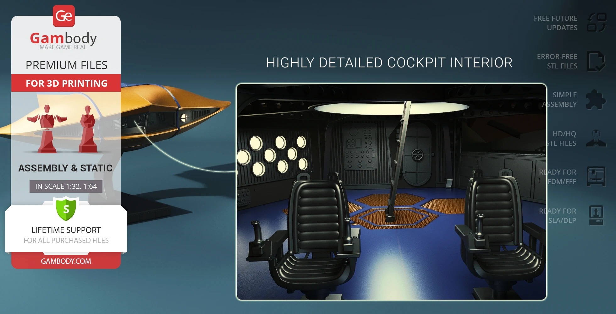 A detailed 3D model of a Flying Submarine with a futuristic cockpit interior, featuring black seats.