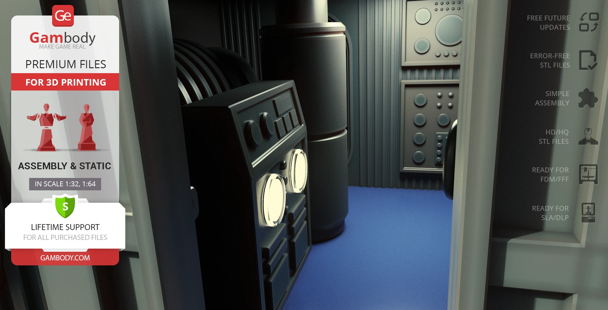 Interior view of a sci-fi flying sub model with control panels and machinery for 3D printing.