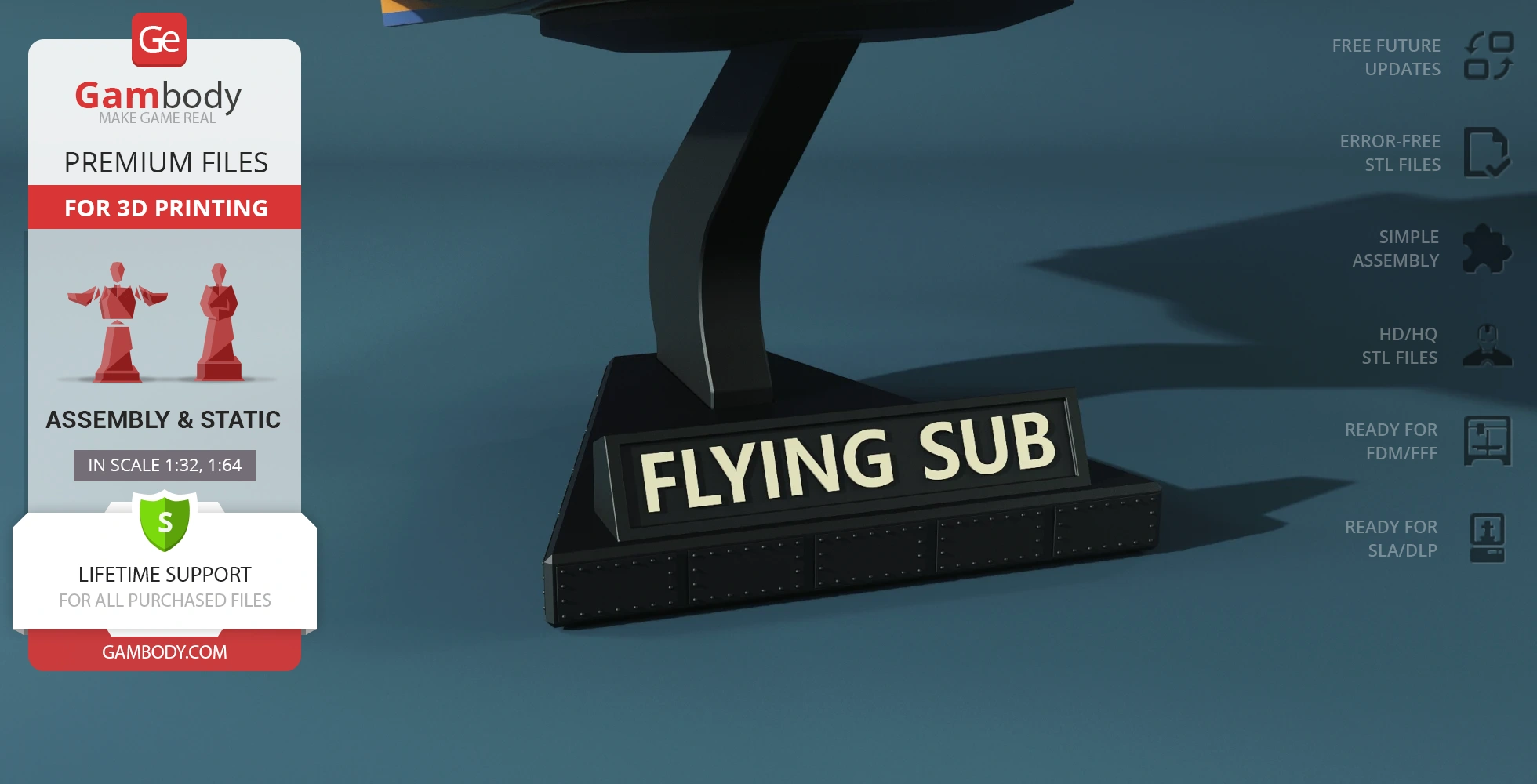 A display stand labeled 'FLYING SUB' for 3D printing with assembly instructions shown on the left.