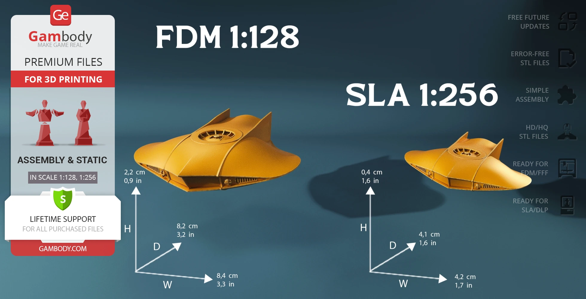 A sleek, yellow, futuristic flying submersible model with detailed dimensions for 3D printing.