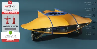 Yellow futuristic flying submersible vehicle model for 3D printing, shown with premium file details.