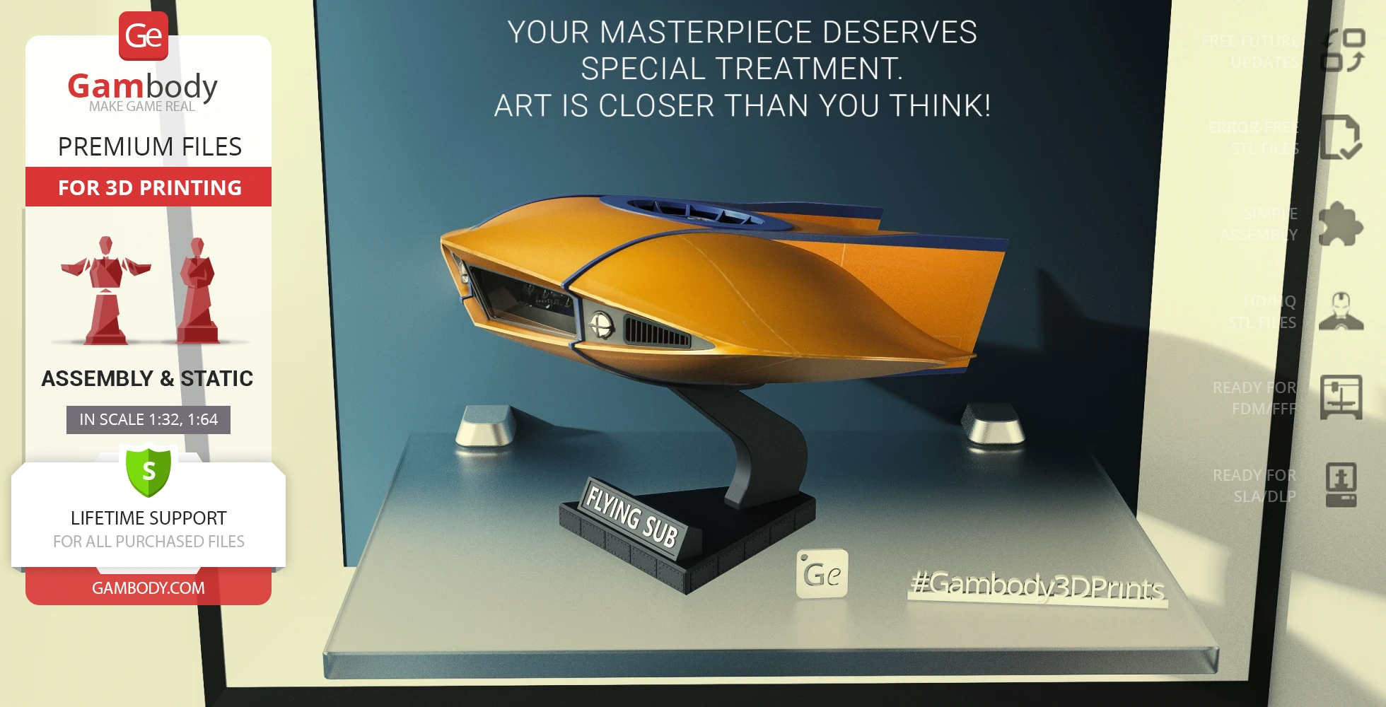 A sleek, yellow flying sub model on a display stand, spotlighted as a premium 3D print design by Gambody.
