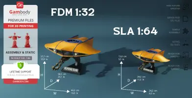 Two scale models of a yellow flying sub with stand, dimensions labeled, for 3D printing.