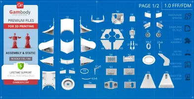 Various labeled 3D printable parts for assembling a 'Flying Sub' model on a blue grid background.