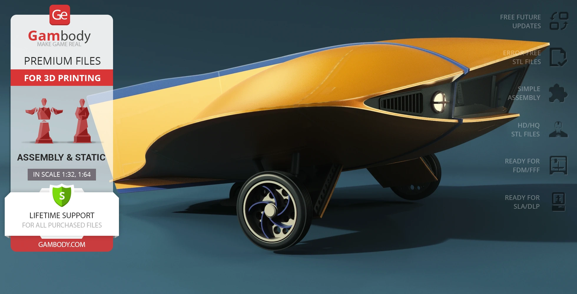 Yellow and blue futuristic flying submersible with sleek design and circular landing gear.