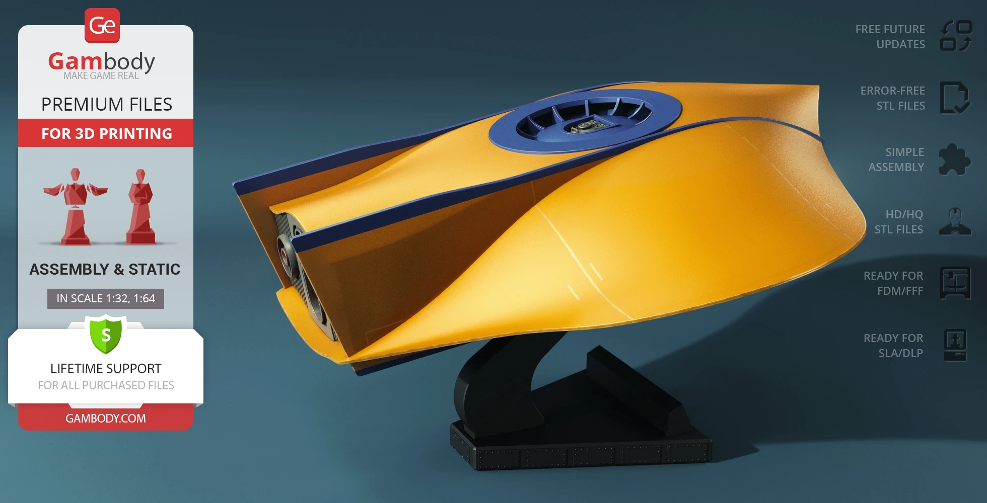 Yellow, futuristic flying submarine model with blue accents, displayed on a stand for 3D printing.